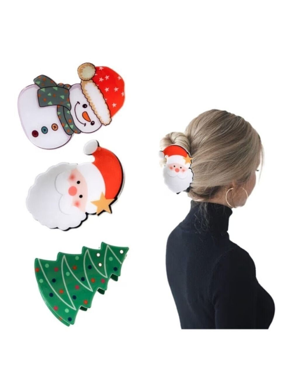 2/$10 Festive Christmas Hair Clips - Santa, Snowman & Tree